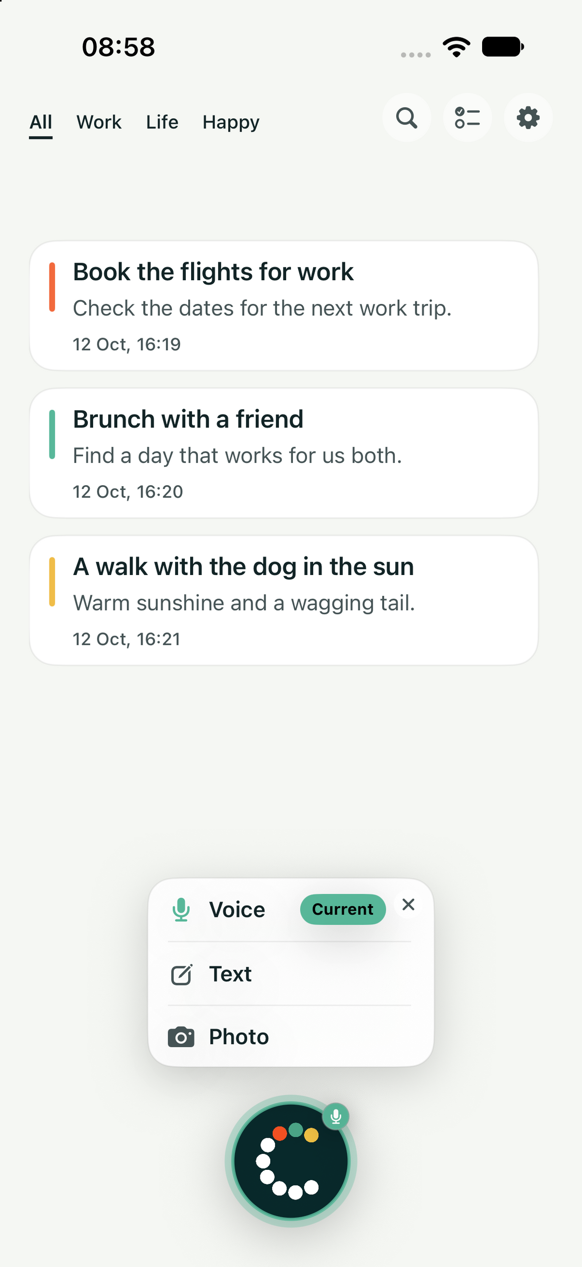 Cappture on iPhone in light mode, with Voice, Text and Photo capture choices