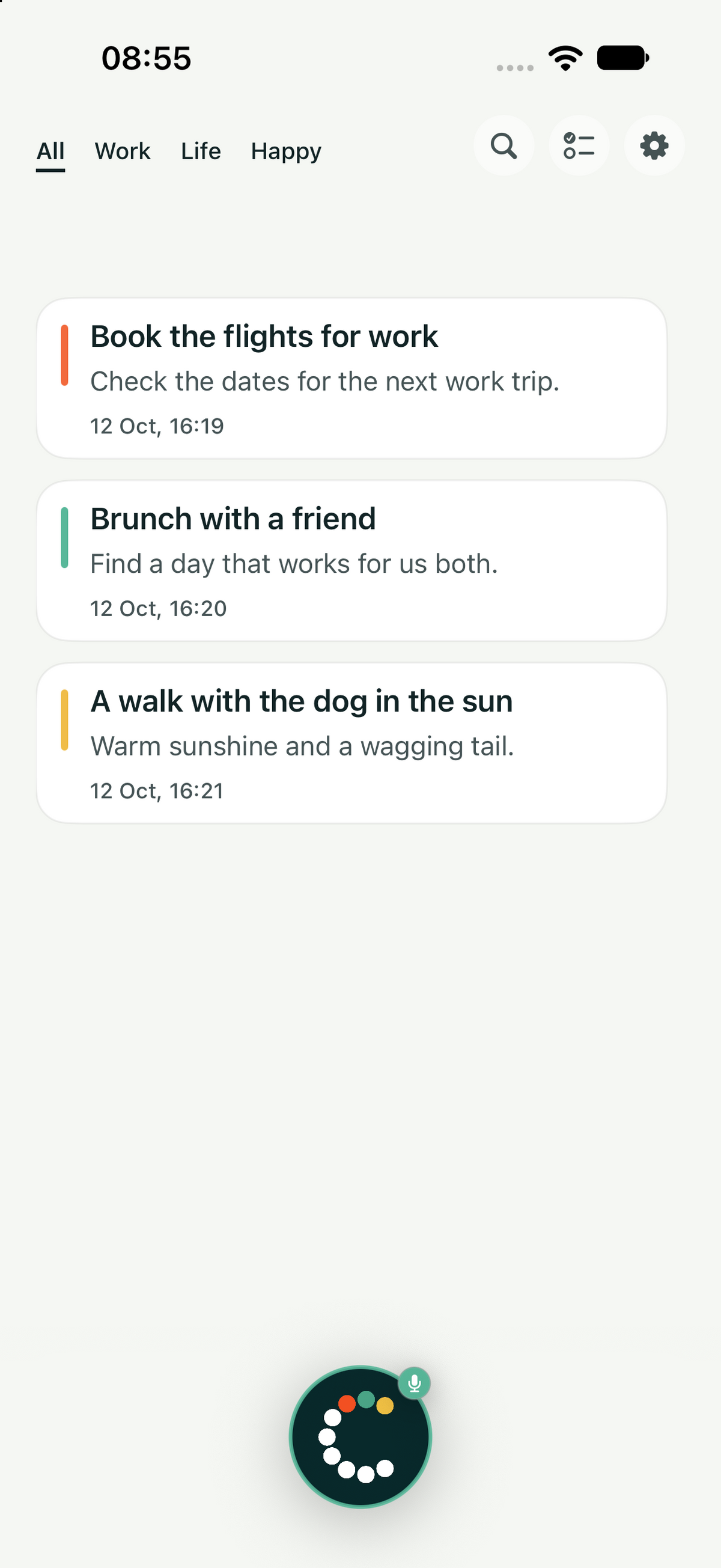 Saved Capptures on iPhone, with All, Work, Life and Happy tabs